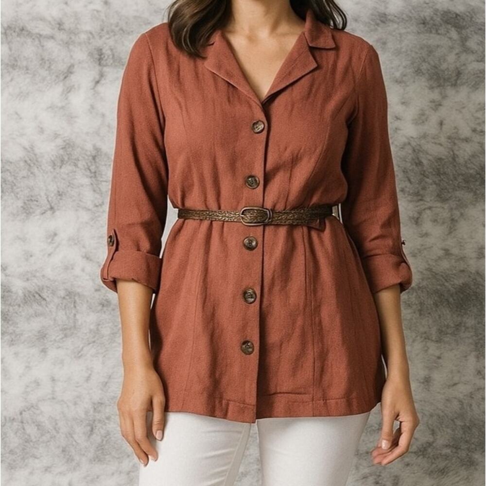 Charlotte Russe Orange Red Heavy Linen-blend Button Shirt Tunic Blouse Size L